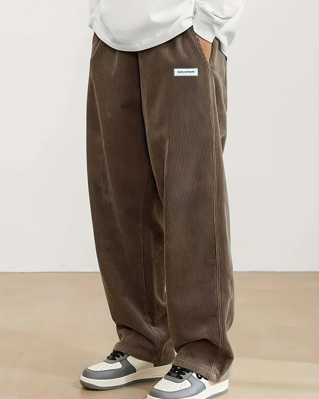 Men's Loose Fit Corduroy Casual Pants with Elastic Waist and Drawstring