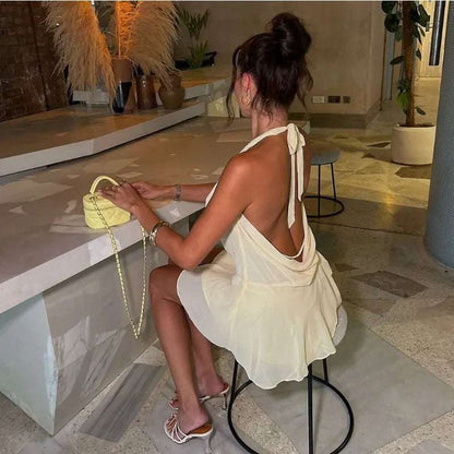 Ruffled Halter Backless Mini Dress for Women - Sleeveless Style