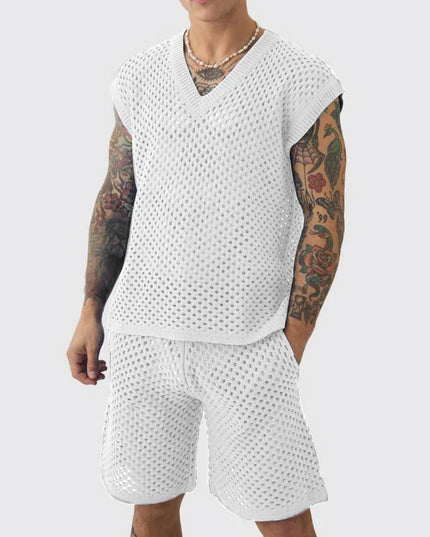 Men's Knitted Two-Piece Mesh V-Neck Vest and Shorts Set - Breathable Casual Style