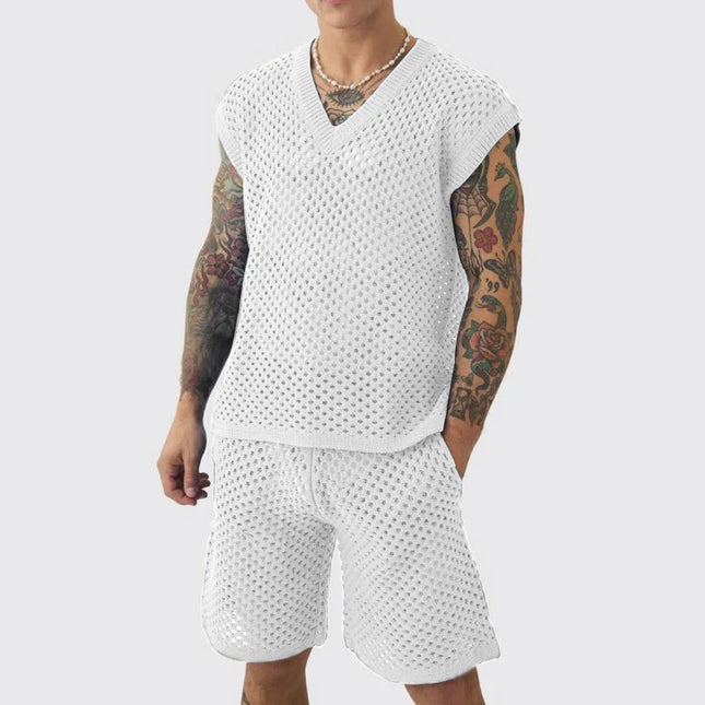 Men's Knitted Two-Piece Mesh V-Neck Vest and Shorts Set - Breathable Casual Style