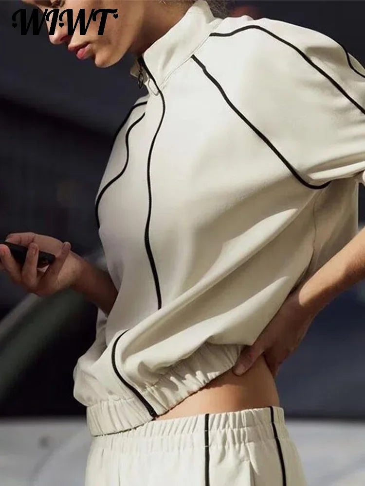 Women's Two-Piece Striped Zipper Jacket and Pants Set