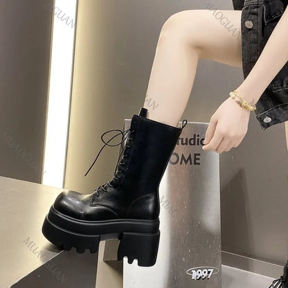 Women's Faux Leather Platform Boots - Mid-Calf Lace-Up Chunky High Heel Boots