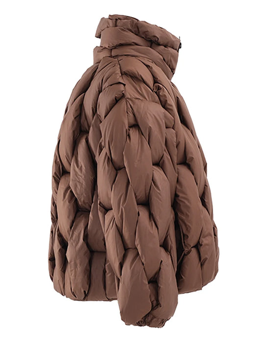 Unisex Thick Parka Jacket: Square Weave High Collar Warm Puffer Coat
