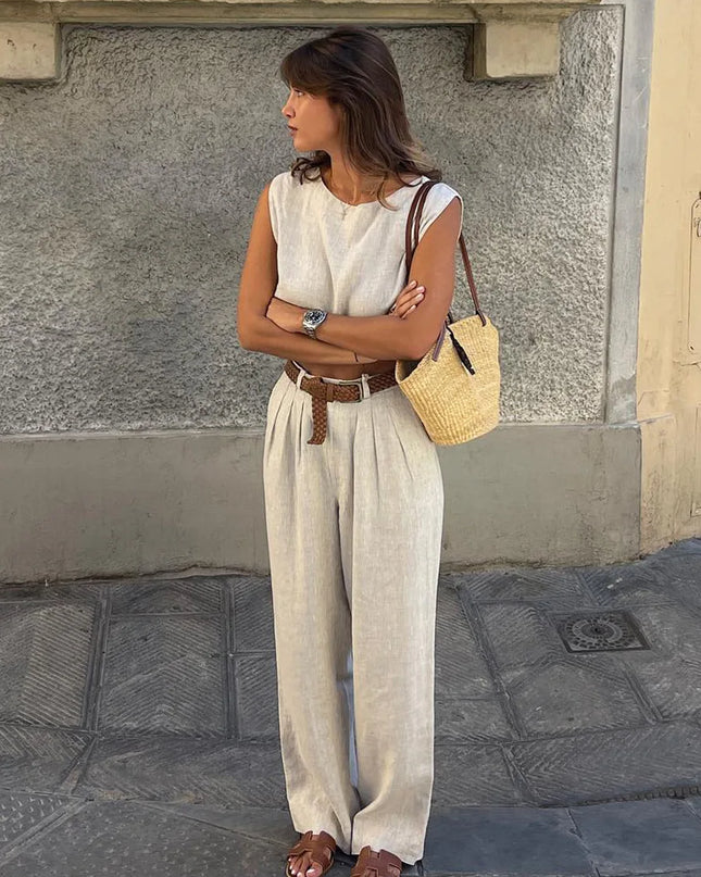 Women's Cotton Linen Two-Piece Vest and Pants Set
