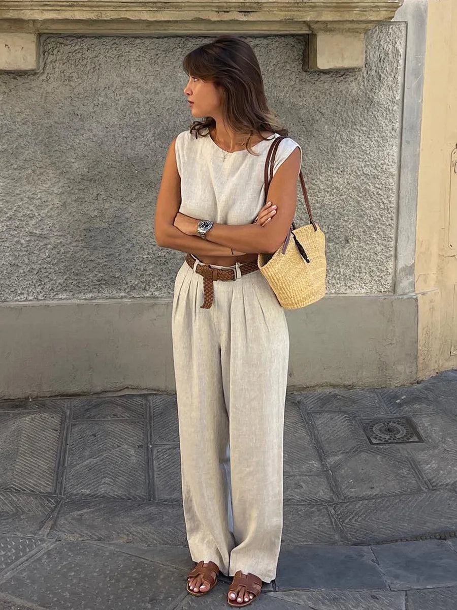 Women's Cotton Linen Two-Piece Vest and Pants Set