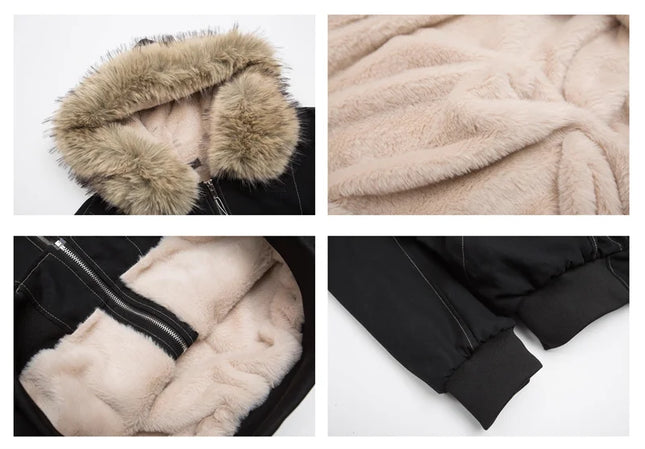 Unisex Fur Collar Hooded Parkas - Thicken Padded Casual Jackets with Zipper