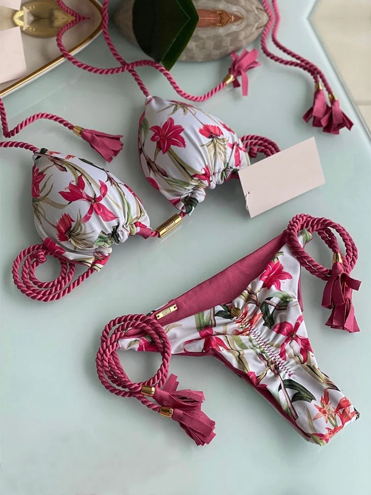Leopard Print Braided Rope Push-Up Bikini Set for Women - Various Designs