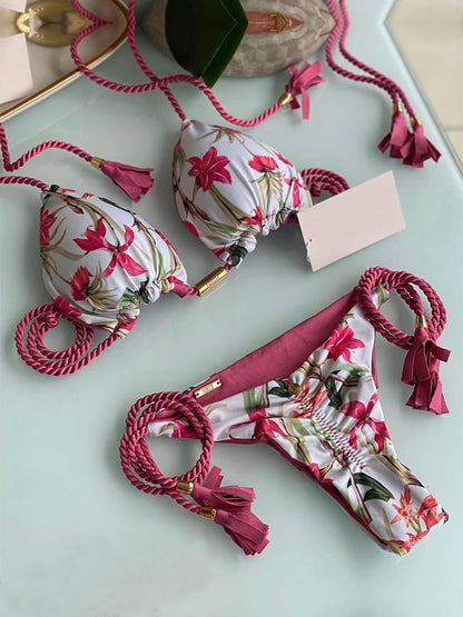 Leopard Print Braided Rope Push-Up Bikini Set for Women - Various Designs