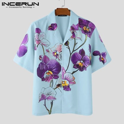 Incerun Men's Floral Print Short Sleeve Shirt with Lapel, Button-Down, Loose Fit
