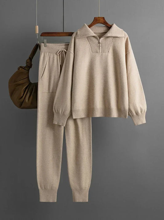 Women's Knitted Sweater and Pants Set - Versatile 2-Piece Outfit