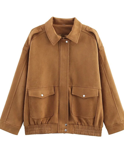Stylish Women's Faux Suede Bomber Jackets with Zipper