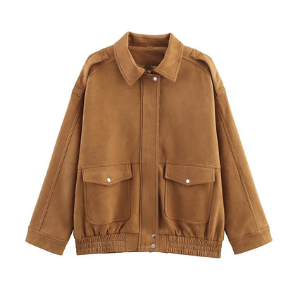 Stylish Women's Faux Suede Bomber Jackets with Zipper