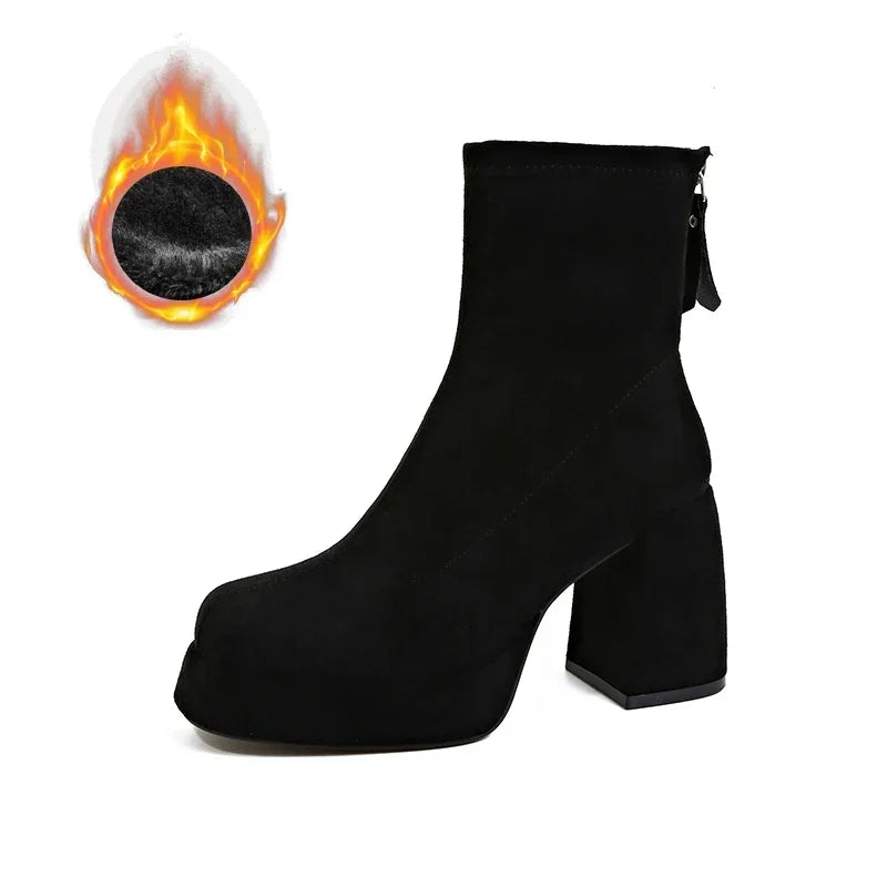 Ohmmayby Stylish Women’s Ankle Boots with Platform Square High Heels