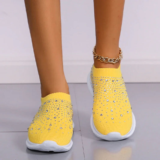Women's Rhinestone Glitter Mesh Slip On Sneakers