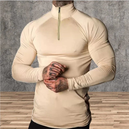 Men's Slim Fit Fitness Compression T-Shirt with Long Sleeves, Half-Zip, High Neck, and Elastic Design