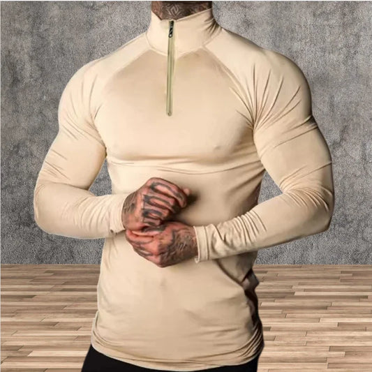 Men's Slim Fit Fitness Compression T-Shirt with Long Sleeves, Half-Zip, High Neck, and Elastic Design