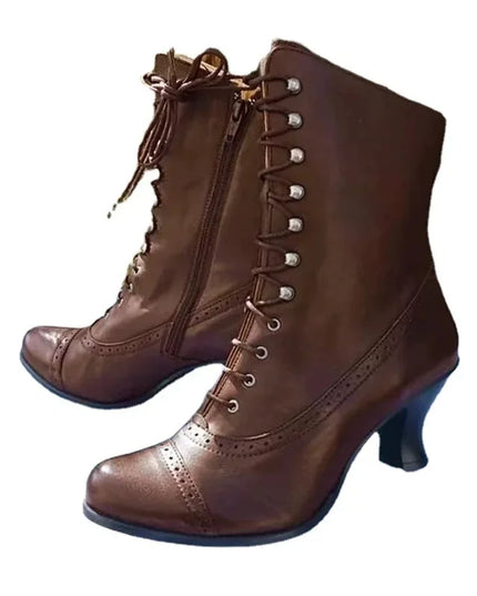 Lace-Up Women's High Heeled Boots with Pointed Toe and Thick Sole