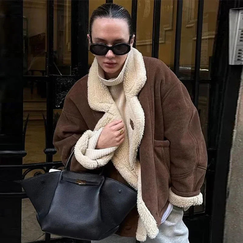 Women's Vintage Wool Lapel Jacket with Thicken Fabric and Pockets