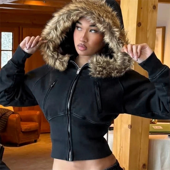 Women's Cropped Hooded Jacket with Faux Fur Trim, Fitted Style, Long Sleeves, and Zipper Closure