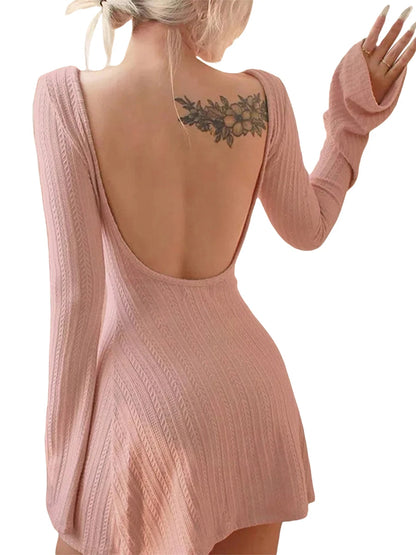 Women’s Long Sleeve Mini Dress with Crew Neck and Backless Design