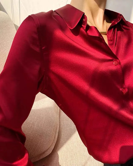 Elegant Satin Women's Blouse with Long Sleeves and Turn-down Collar