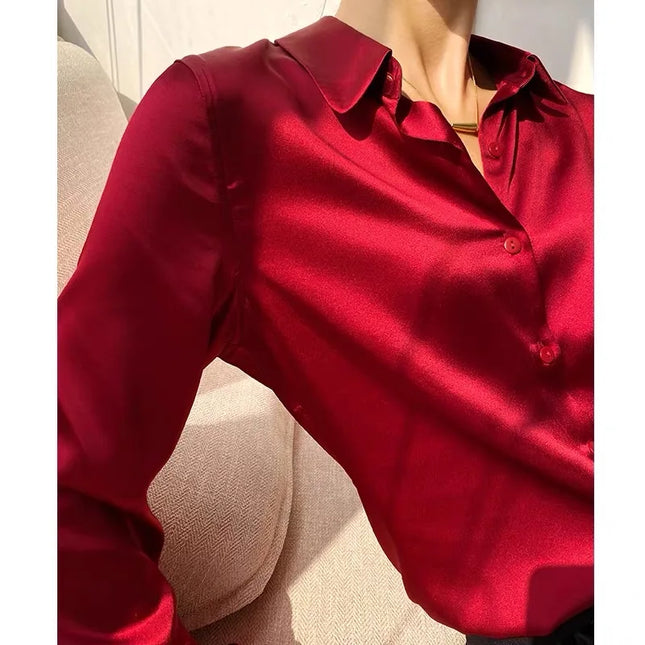 Elegant Satin Women's Blouse with Long Sleeves and Turn-down Collar