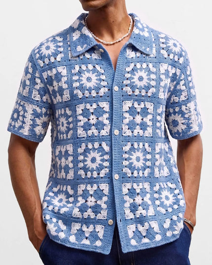Men's Crochet Short Sleeve Casual Button-Down Shirt