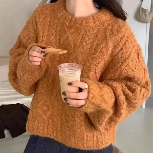 Women's Retro Round Neck Knitted Sweater - Vintage Style Cozy Pullover