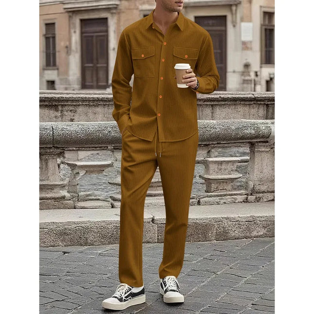 Men's Two-Piece Corduroy Casual Suit – Long-Sleeved Shirt and Long Pants Set
