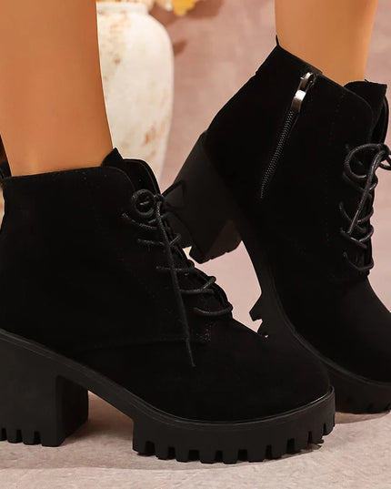 Women's Chunky Heel Ankle Boots with Platform Sole – Side Zip & Lace-Up Design