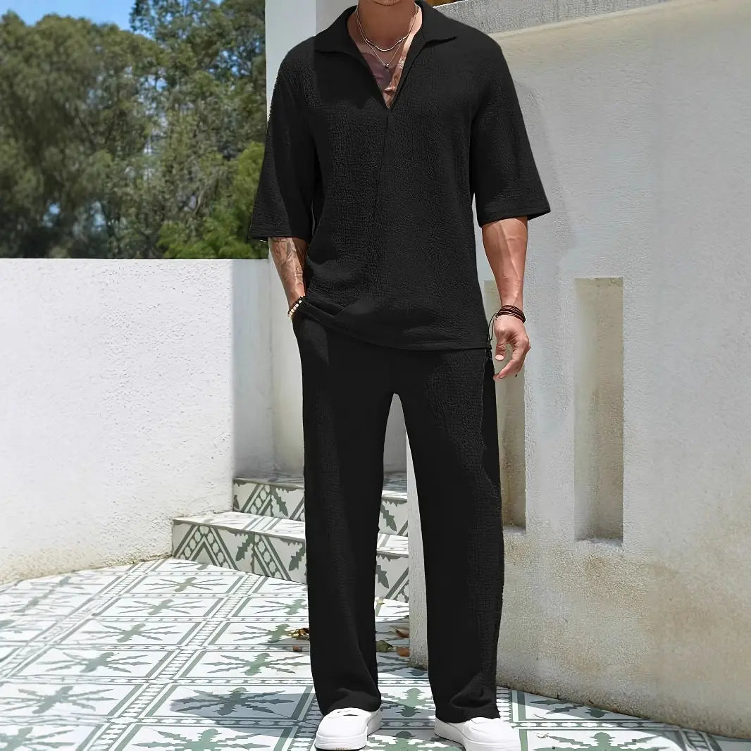 Men's Two-Piece Classic Shirt and Loose-Fit Pants Set.