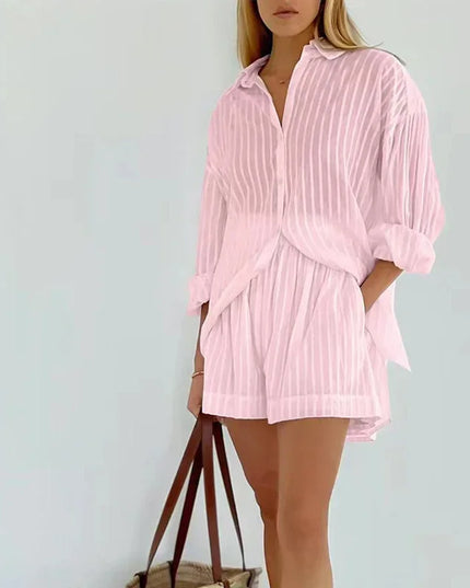 Women's Casual Two-Piece Striped Jacquard Shirt and Elastic Waist Shorts Set