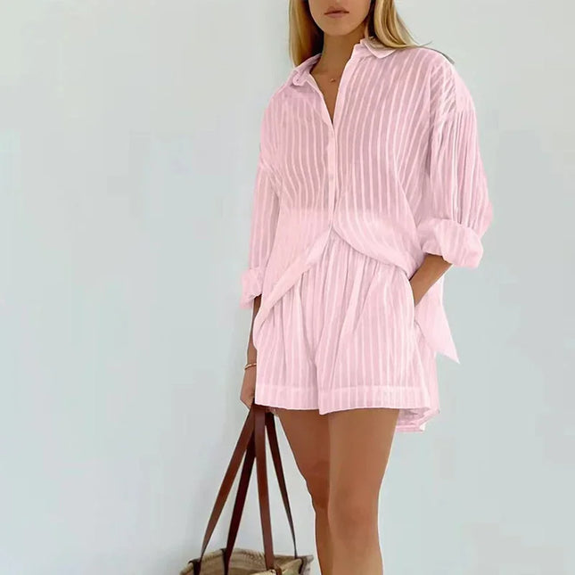 Women's Casual Two-Piece Striped Jacquard Shirt and Elastic Waist Shorts Set