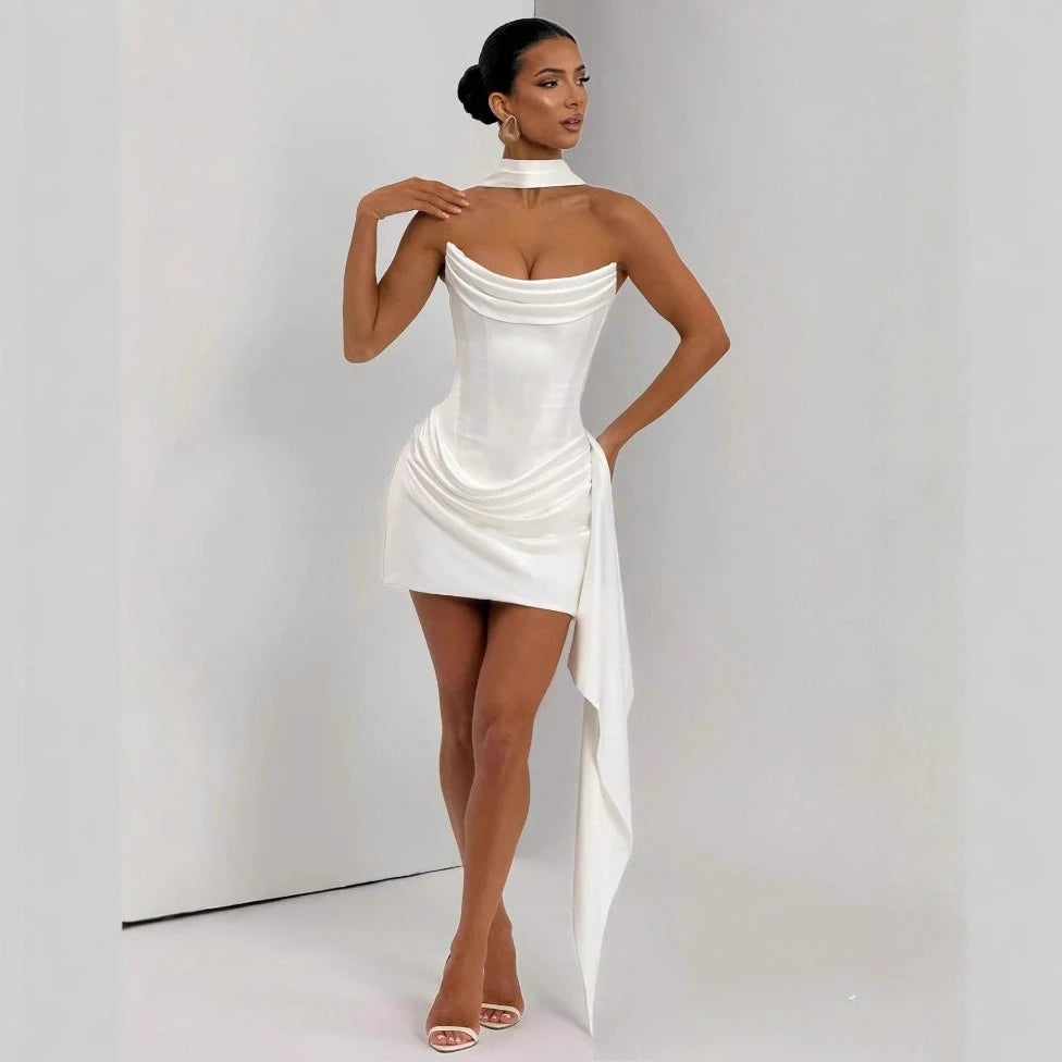 Women's Elegant Strapless Corset Mini Dress with Draped Design and Scarf Accessory Cocktail Party Dresses