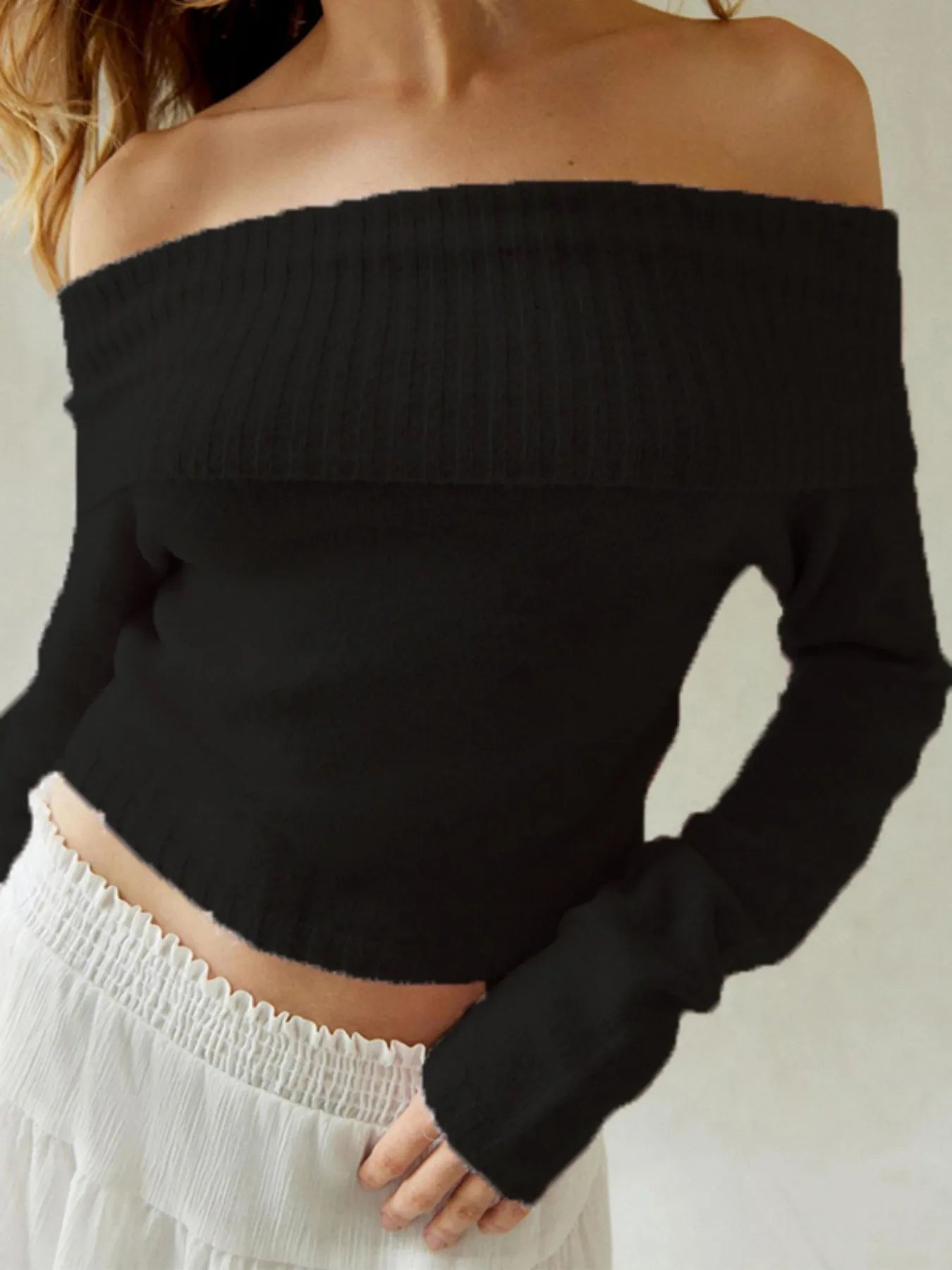 Women's Black Off-Shoulder Ribbed Knit Long Sleeve Slim Fit Casual Cropped Sweater