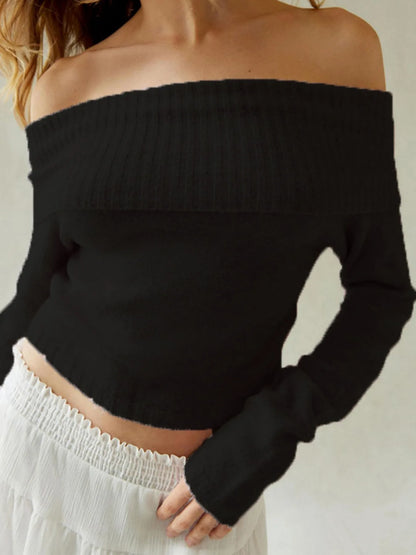 Women's Black Off-Shoulder Ribbed Knit Long Sleeve Slim Fit Casual Cropped Sweater