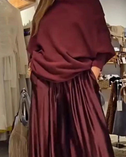 Women's Elegant Two-Piece Set - Slash Collar Off-Shoulder Top & Satin Wide-Leg Pants