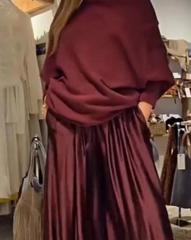 Women's Elegant Two-Piece Set - Slash Collar Off-Shoulder Top & Satin Wide-Leg Pants