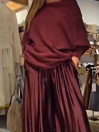 Women's Elegant Two-Piece Set - Slash Collar Off-Shoulder Top & Satin Wide-Leg Pants