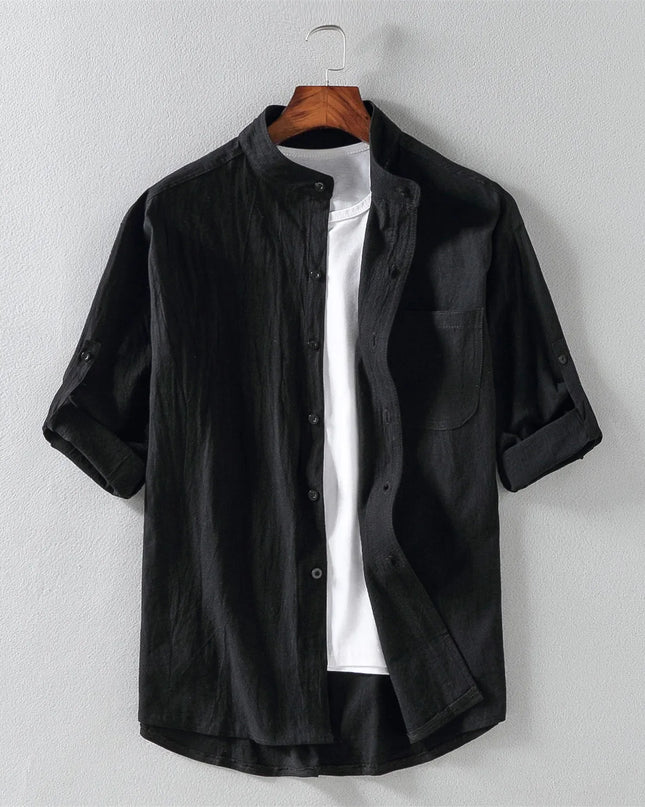Men's Short-Sleeve Shirt with Stand Collar