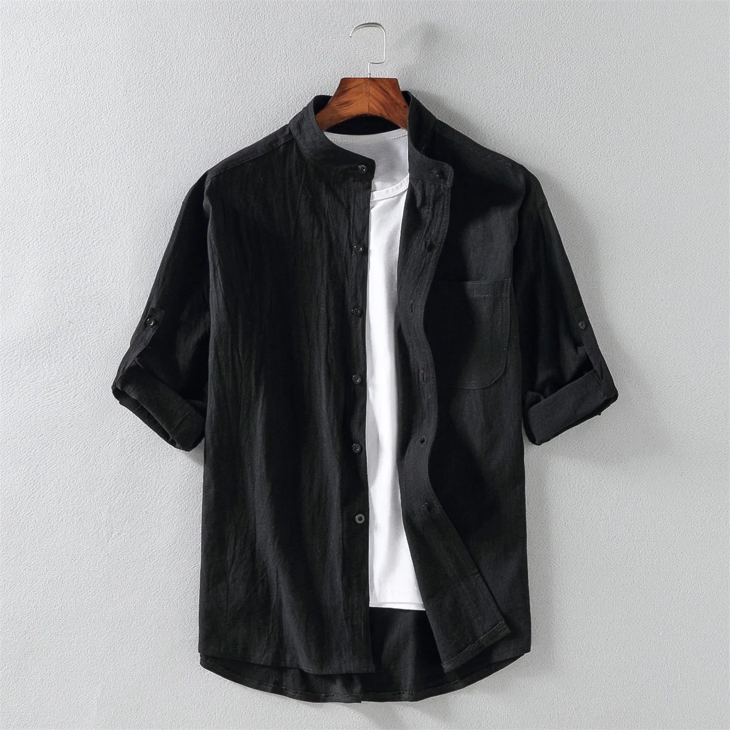Men's Short-Sleeve Shirt with Stand Collar
