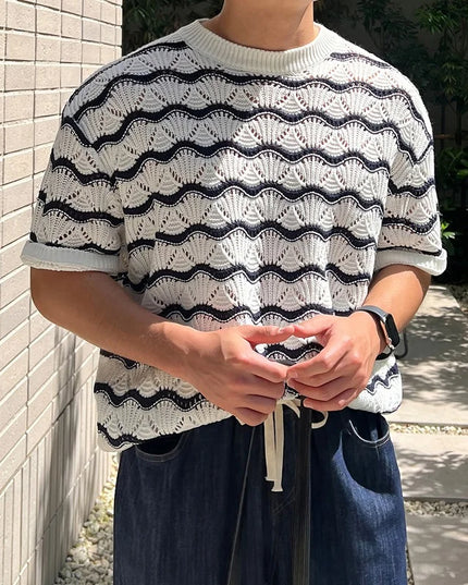 Men's Knit Jacquard Striped Hollow-Out Casual T-Shirt
