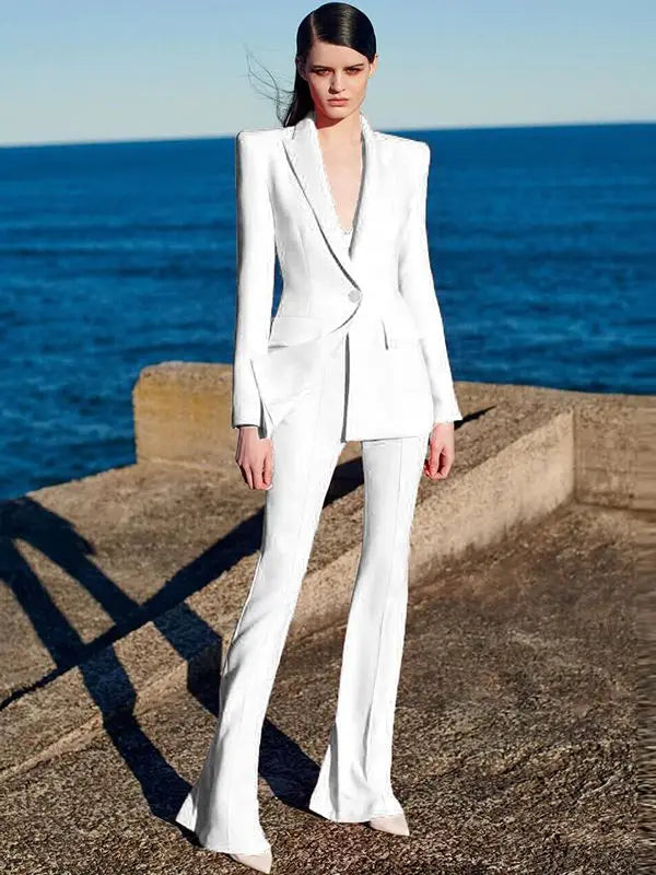 Women's Two-Piece Blazer and Flare Pants Set with Single Button Detail
