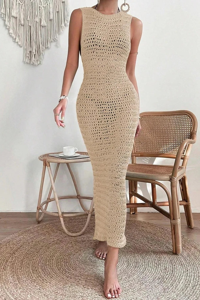 Women's Elegant Hollow-Out Dress with Waist Clip - Slim Fit