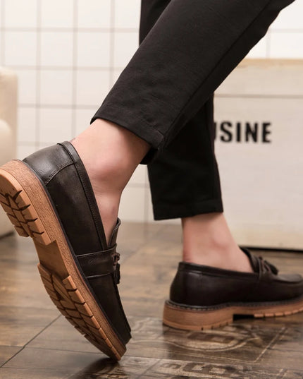 Men's Thick-Sole Leather Slip-On Loafers – Stylish & Comfortable Dress Shoes for Men