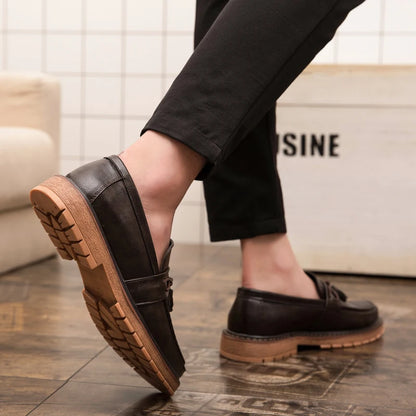 Men's Thick-Sole Leather Slip-On Loafers – Stylish & Comfortable Dress Shoes for Men