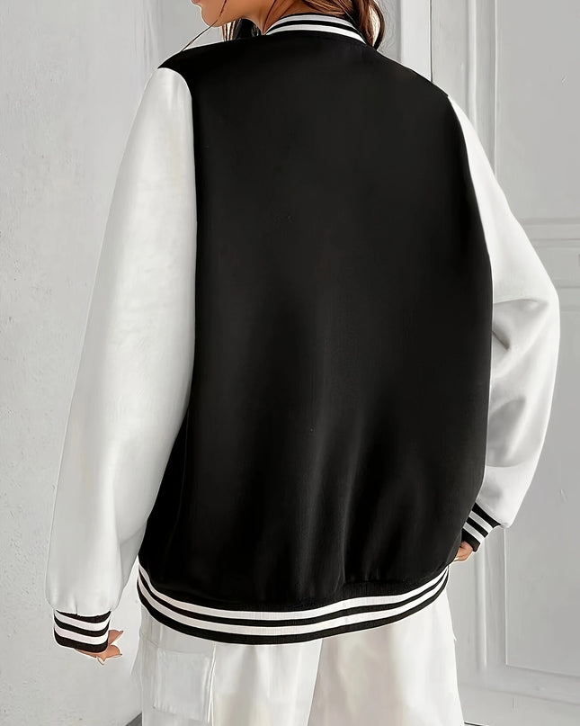 Women's Oversized Korean-Style Baseball Jacket with Button Closure