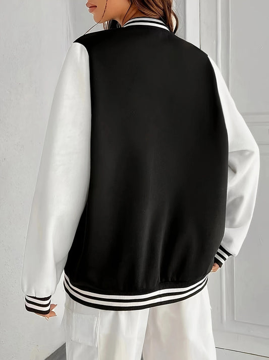 Women's Oversized Korean-Style Baseball Jacket with Button Closure