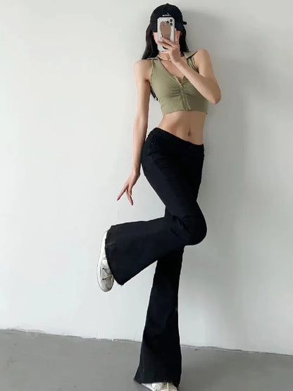 Women's Low Waist Flare Jean Pants - Vintage Stretch Denim for Women