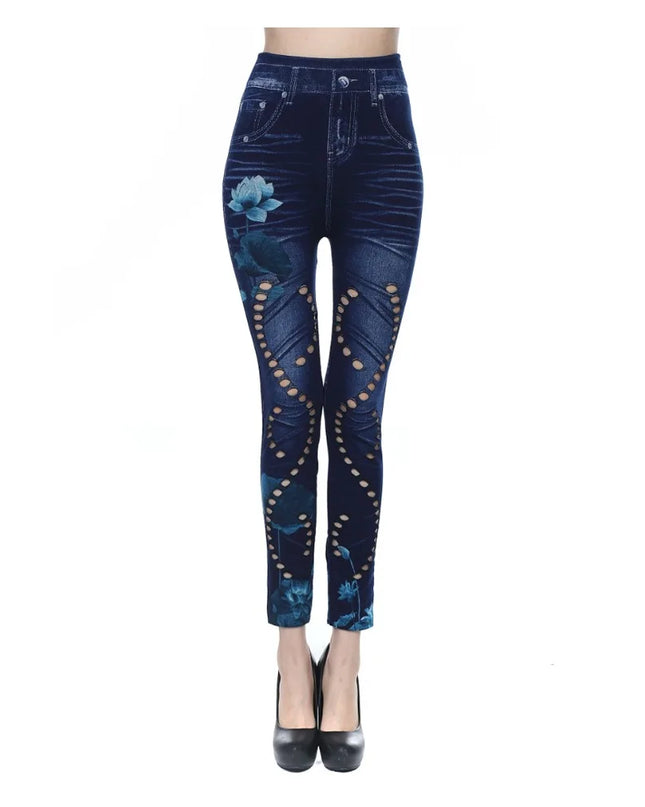 High-Waisted Women's Slim-Fit Faux Denim Pants with Heart and Flower Pattern